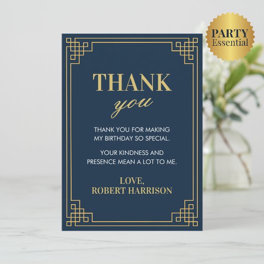 Navy Gold Art Deco 80th Birthday Thank You Card Bedankkaart