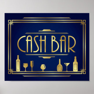 Navy Gold Art Deco CASH BAR Print