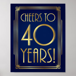 Navy Gold Art Deco CHEERS TOT 40 JAAR Sign Print