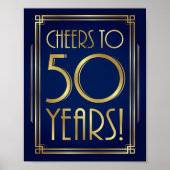 Navy Gold Art Deco CHEERS TOT 50 JAAR Sign Print (Voorkant)