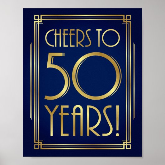 Navy Gold Art Deco CHEERS TOT 50 JAAR Sign Print (Voorkant)