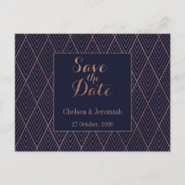 Navy Gold Art Deco Pattern Save the Date Briefkaar Briefkaart