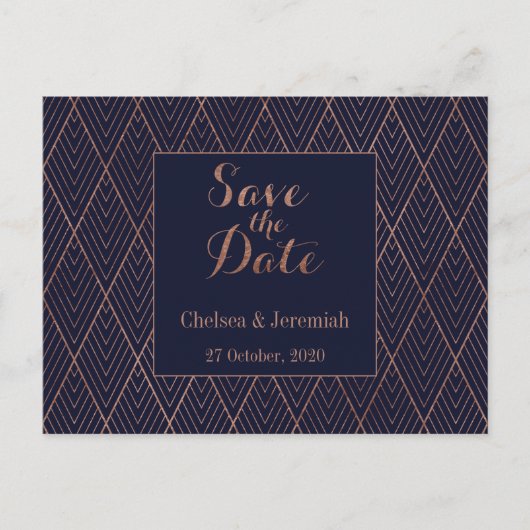 Navy Gold Art Deco Pattern Save the Date Briefkaar Briefkaart (Voorkant)