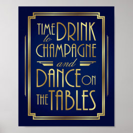Navy Gold Art Deco TIME VOOR DRINK CHAMPAGNE Print