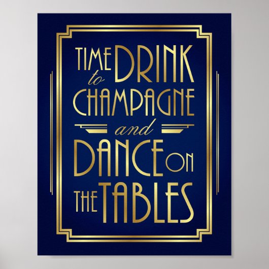 Navy Gold Art Deco TIME VOOR DRINK CHAMPAGNE Print (Voorkant)
