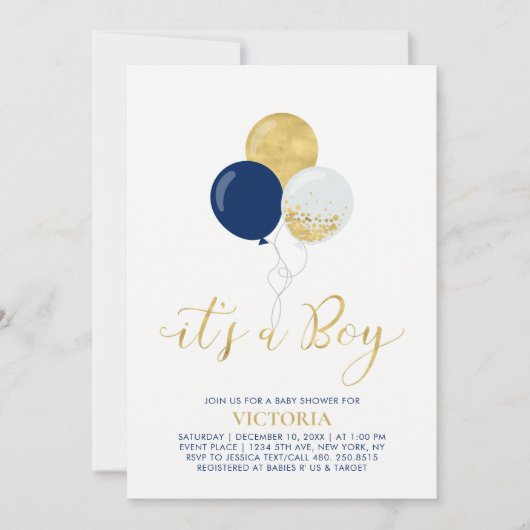Navy & Gold-ballonnen | Het is een Jongen Baby sho Kaart (Voorkant)