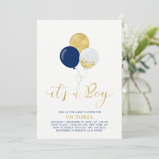 Navy & Gold-ballonnen | Het is een Jongen Baby sho Kaart (Staand voorkant)