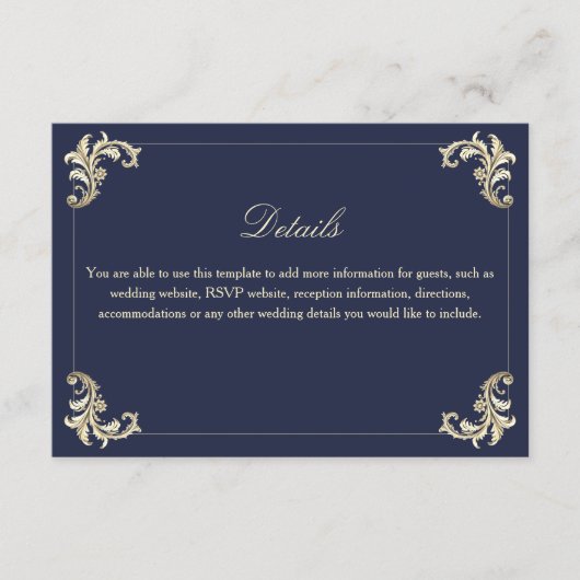 Navy Gold Baroque Wedding Details Informatiekaartje (Voorkant)