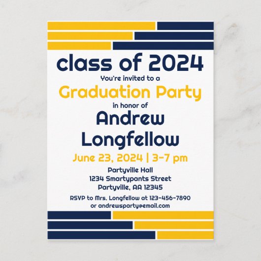 Navy & Gold Bars Afstudeerfeest Uitnodiging Briefkaart (Voorkant)