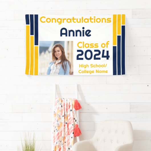 Navy & Gold Bars One Photo Afstuderen Spandoek (Insitu)