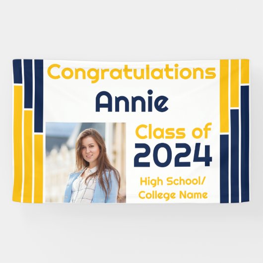 Navy & Gold Bars One Photo Afstuderen Spandoek (Horizontaal)