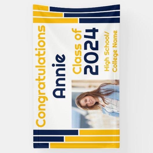 Navy & Gold Bars One Photo Afstuderen Spandoek (Verticaal)