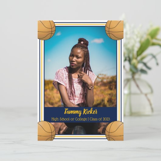 Navy & Gold Basketball Afstuderen Aankondiging (Staand voorkant)