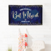 Navy Gold Bat Mitzvah Modern Folie Glitter Script Spandoek (Insitu)