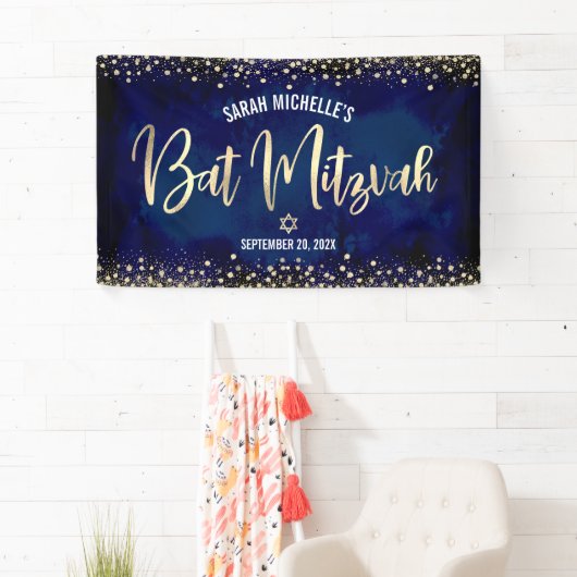 Navy Gold Bat Mitzvah Modern Folie Glitter Script Spandoek (Insitu)