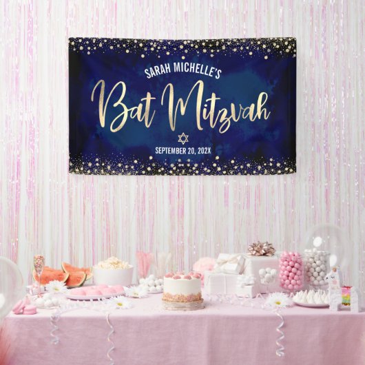 Navy Gold Bat Mitzvah Modern Folie Glitter Script Spandoek (Feest)