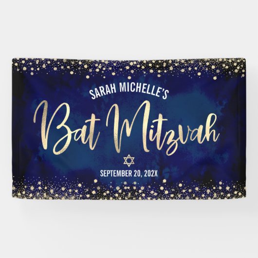 Navy Gold Bat Mitzvah Modern Folie Glitter Script Spandoek (Horizontaal)