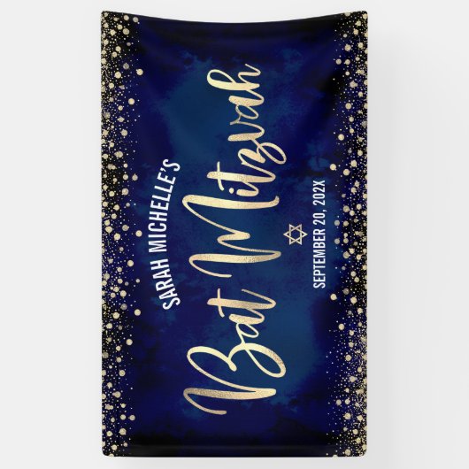 Navy Gold Bat Mitzvah Modern Folie Glitter Script Spandoek (Verticaal)
