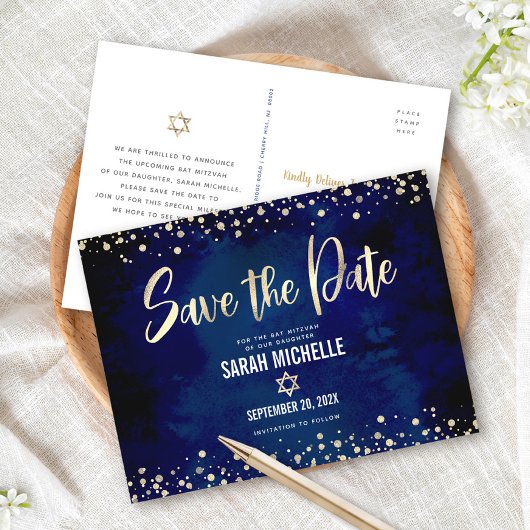 Navy Gold Bat Mitzvah Save the Date Modern Script Uitnodiging Briefkaart