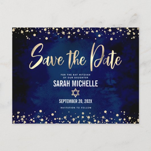 Navy Gold Bat Mitzvah Save the Date Modern Script Uitnodiging Briefkaart (Voorkant)