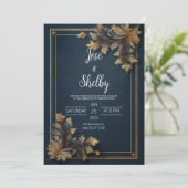 Navy Gold Bloemen Huwelijksuitnodiging Kaart (Staand voorkant)