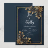 Navy Gold Bloemen Huwelijksuitnodiging Kaart (Voorkant / Achterkant)