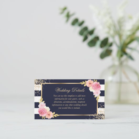Navy Gold Blush Roze Bloemen Trouwdetails Kaart (Staand voorkant)
