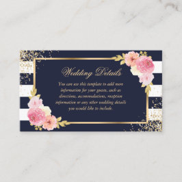Navy Gold Blush Roze Bloemen Trouwdetails Kaart