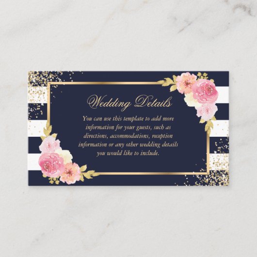 Navy Gold Blush Roze Bloemen Trouwdetails Kaart (Voorkant)