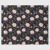 Navy, Gold & Blush Roze Hand getrokken Roos Bloeme Cadeaupapier (Vlak)