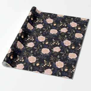 Navy, Gold & Blush Roze Hand getrokken Roos Bloeme Cadeaupapier