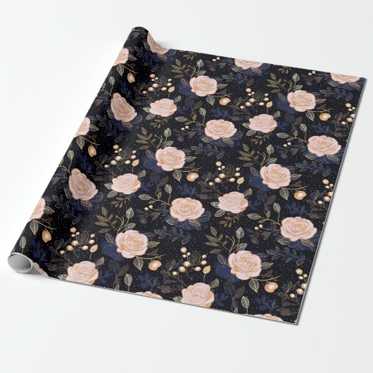 Navy, Gold & Blush Roze Hand getrokken Roos Bloeme Cadeaupapier (Uitgerold)