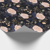 Navy, Gold & Blush Roze Hand getrokken Roos Bloeme Cadeaupapier (Hoek)