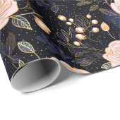 Navy, Gold & Blush Roze Hand getrokken Roos Bloeme Cadeaupapier (Rol Hoek)