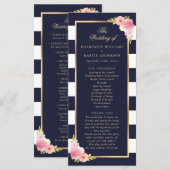 Navy Gold Blush Roze Waterverf Bloemen Huwelijk Programmakaart (Voorkant / Achterkant)