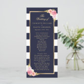 Navy Gold Blush Roze Waterverf Bloemen Huwelijk Programmakaart (Staand voorkant)