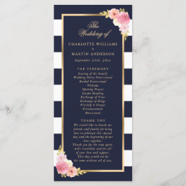 Navy Gold Blush Roze Waterverf Bloemen Huwelijk Programmakaart