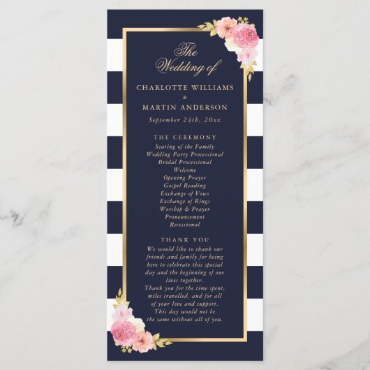 Navy Gold Blush Roze Waterverf Bloemen Huwelijk Programmakaart (Voorkant)