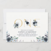 Navy & Gold Boho Floral 1e verjaardag Kaart (Voorkant)