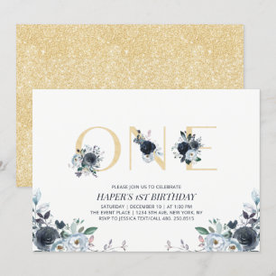 Navy & Gold Boho Floral 1e verjaardag Kaart