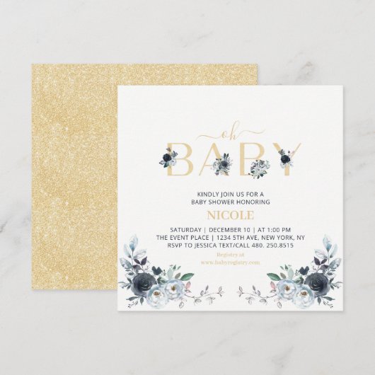 Navy & Gold Boho Floral Baby shower Square Kaart (Voorkant / Achterkant)