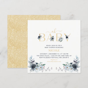 Navy & Gold Boho Floral Baby shower Square Kaart
