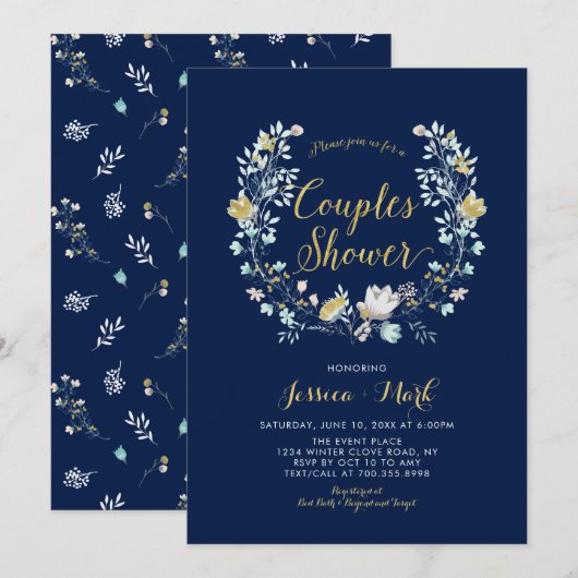 Navy & Gold Boho Floral Couples Wedding Shower IV Kaart (Voorkant / Achterkant)