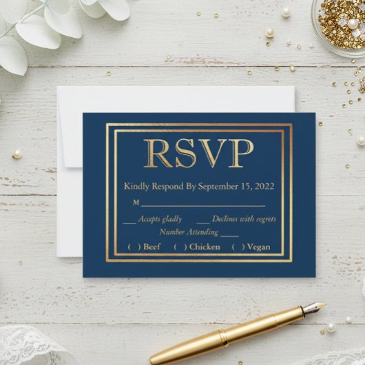 Navy Gold Border RSVP Bruiloft Eenvoudige Maaltijd