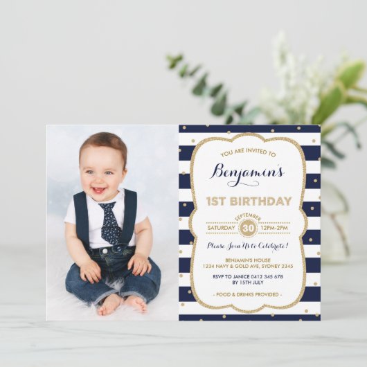Navy Gold Boy 1e Verjaardag Uitnodiging Prins Part (Staand voorkant)