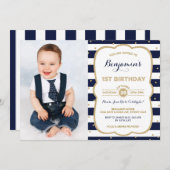 Navy Gold Boy 1e Verjaardag Uitnodiging Prins Part (Voorkant / Achterkant)