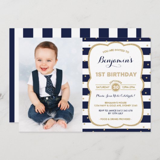 Navy Gold Boy 1e Verjaardag Uitnodiging Prins Part (Voorkant / Achterkant)