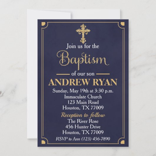 Navy & Gold Boy Baptism Invitation Kaart (Voorkant)