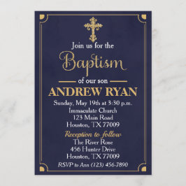 Navy & Gold Boy Baptism Invitation Kaart