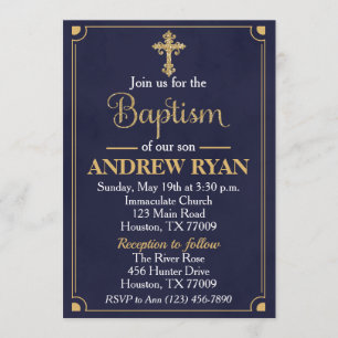 Navy & Gold Boy Baptism Invitation Kaart